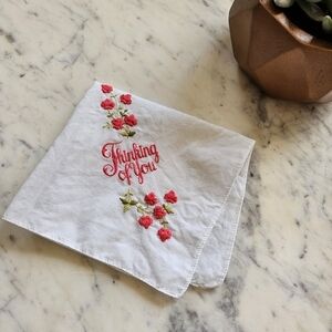 Vintage Thinking Of You Embroidered Floral Handkerchief White Red